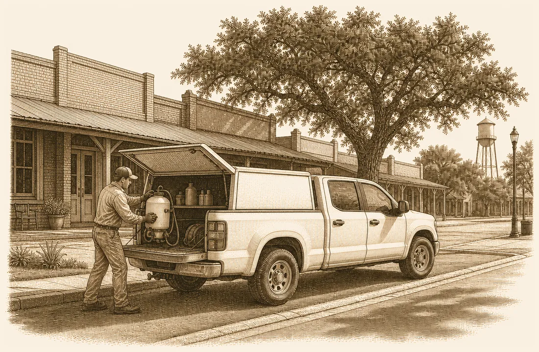 Engraved drawing of a service truck at the kerb on a small town street, a technician lifting a sprayer out of the bed