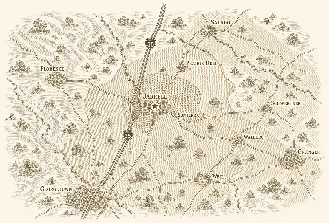 Engraved map of Williamson County with Jarrell at the centre and three service territories shaded