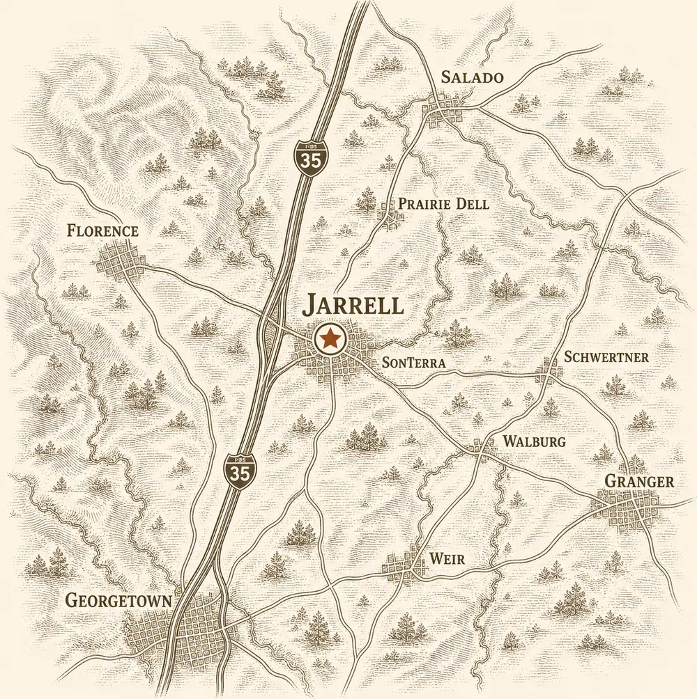 Hand drawn map of the I-35 corridor north of Austin with Jarrell at the center