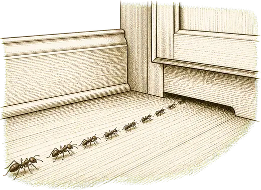 A trail along the kitchen baseboard