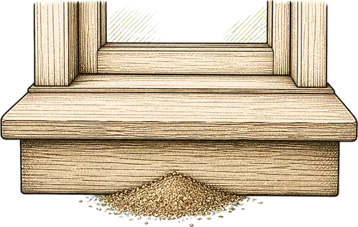 Fine sawdust under a window sill