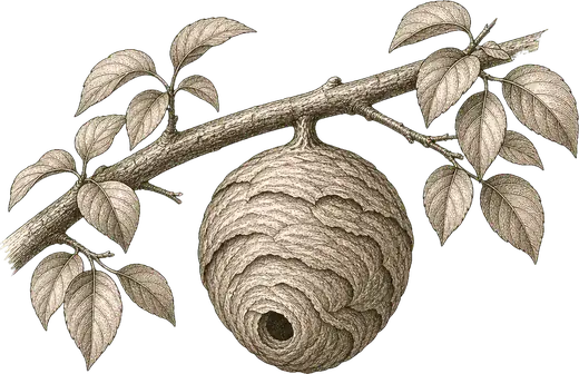 A grey paper ball in a tree
