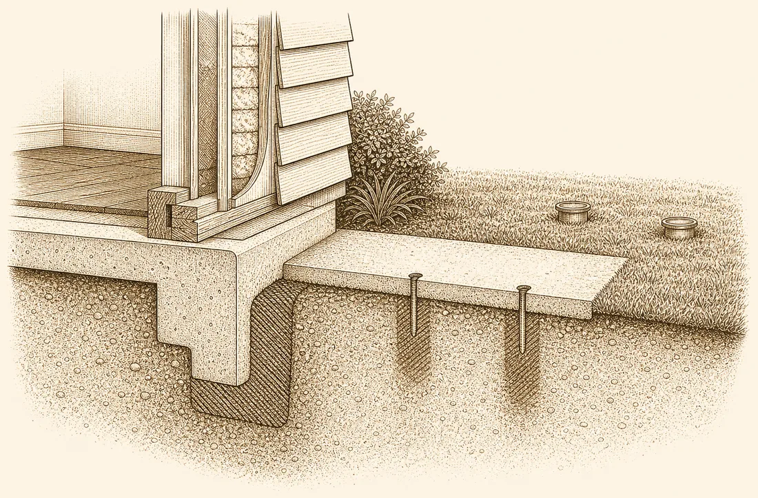 Cutaway drawing of a slab foundation showing the treated trench at the slab edge, drill holes through an abutting patio slab, and two in ground bait stations in the lawn